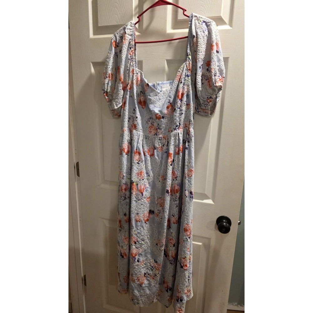 Sugarlips Baltic Born Leila Eyelet Midi Dress Light Blue Floral XL Cottagecore